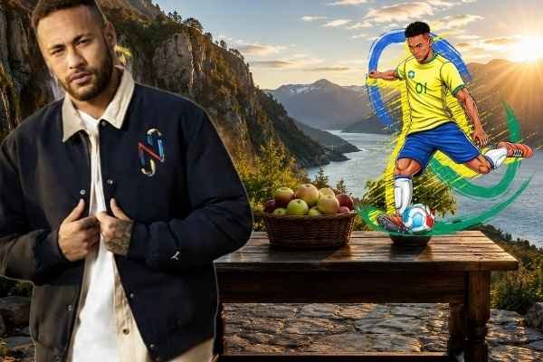 Mesa de madeira firme em paisagem com múltiplos fluxos de água e montanhas ao fundo, com Neymar ao lado, representando estabilidade financeira.