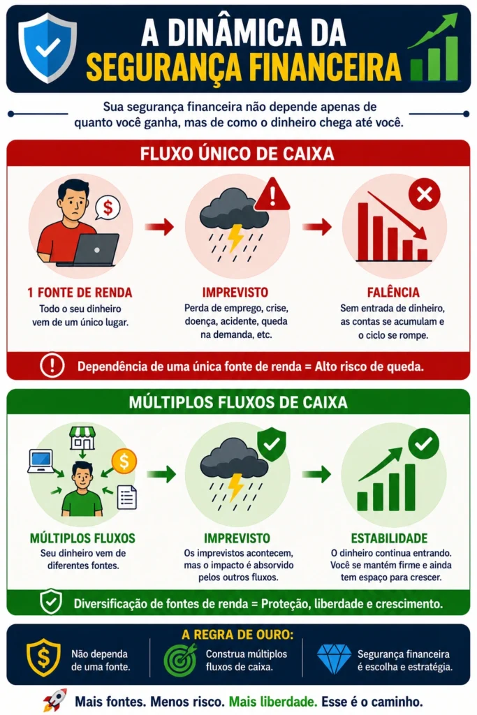Infográfico mostrando a diferença entre depender de uma única fonte de renda e possuir múltiplos fluxos de caixa para alcançar estabilidade financeira.