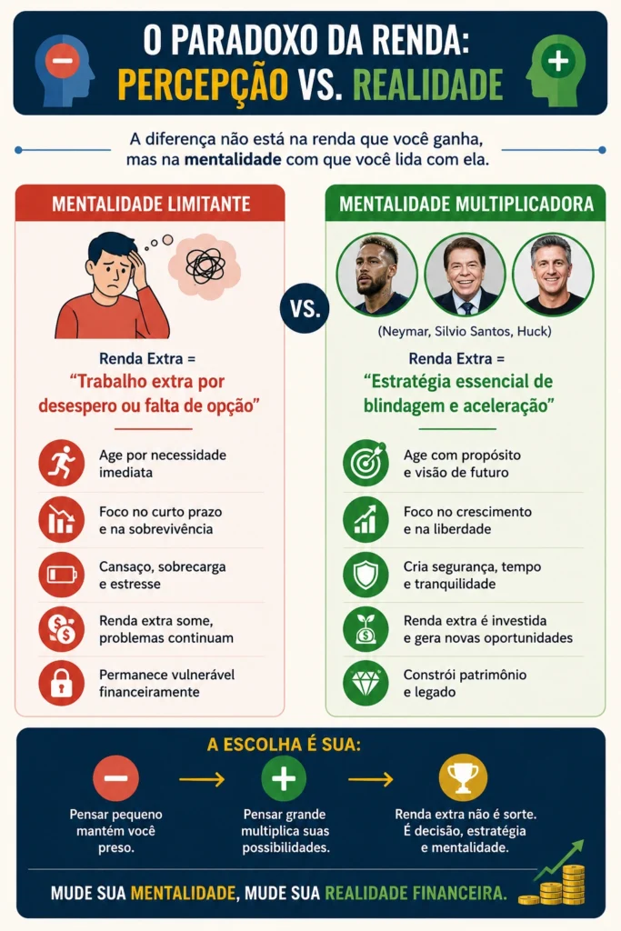 Infográfico de educação financeira comparando mentalidade limitante e mentalidade multiplicadora sobre renda extra.