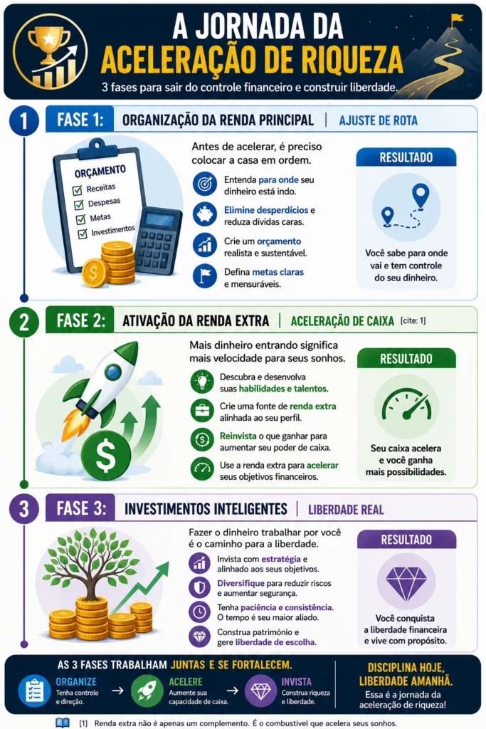 Infográfico mostrando as três fases da aceleração de riqueza: organização da renda principal, ativação da renda extra e investimentos inteligentes.