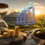 Ampulheta de vidro e pequeno canal de água irrigando planta ao amanhecer representando a organização financeira e crescimento previsível.