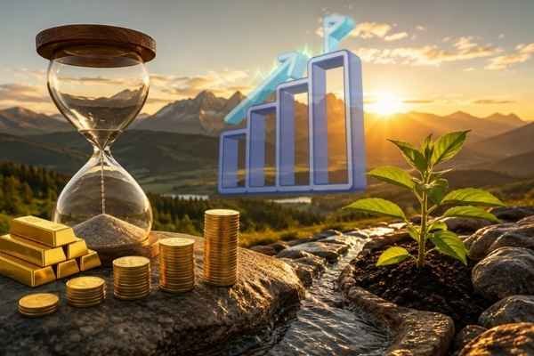Ampulheta de vidro e pequeno canal de água irrigando planta ao amanhecer representando a organização financeira e crescimento previsível.