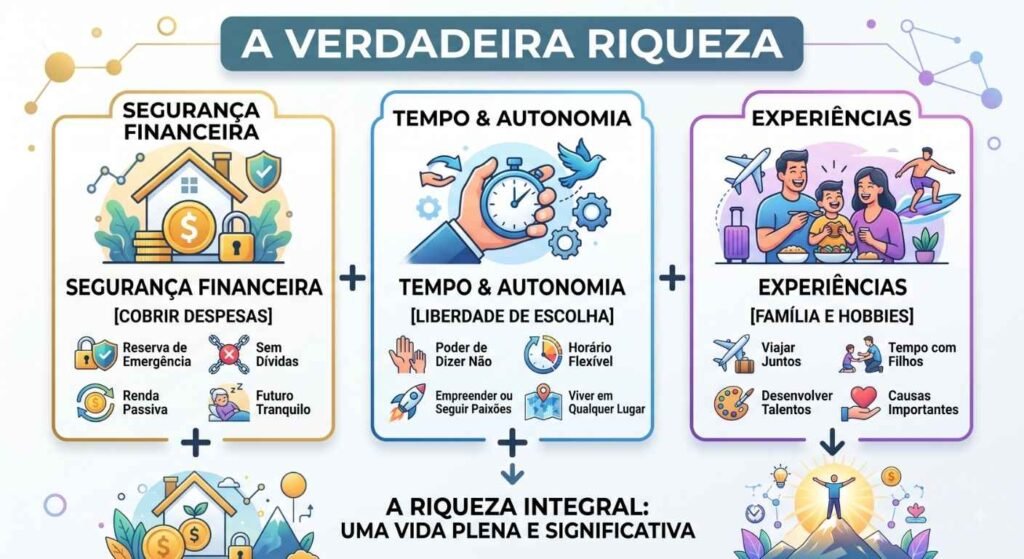 Infográfico "A Verdadeira Riqueza" mostrando a soma de Segurança Financeira, Tempo & Autonomia e Experiências em Família para uma vida plena.