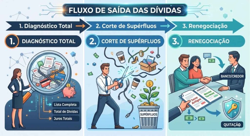 Infográfico "Fluxo de Saída das Dívidas" mostrando 3 etapas: Diagnóstico Total, Corte de Supérfluos e Renegociação.