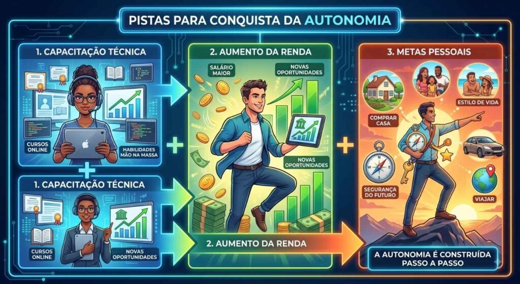 Infográfico "Pistas para Conquista da Autonomia" com 3 etapas: Capacitação Técnica, Aumento da Renda e Metas Pessoais.