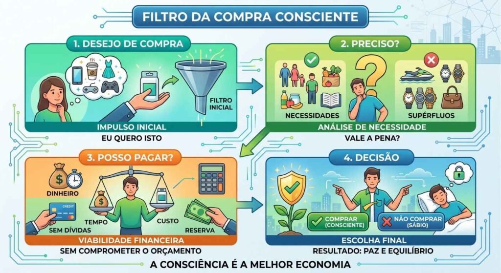 Infográfico "Filtro da Compra Consciente" em 4 etapas: Desejo de Compra, Preciso?, Posso Pagar? e Decisão Final.