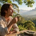 Pessoa relaxada em mesa de madeira ao ar livre olhando paisagem com montanhas e natureza ao sol.