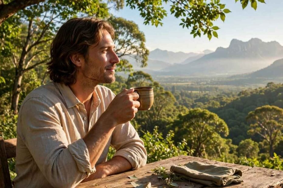 Pessoa relaxada em mesa de madeira ao ar livre olhando paisagem com montanhas e natureza ao sol.